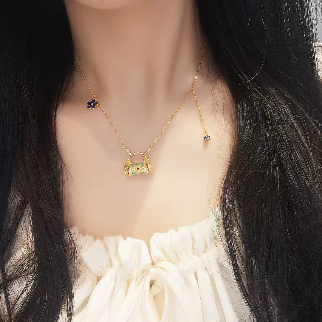 黄金色纯银999足银珐琅彩平安锁项链女高级锁骨链送女友闺蜜礼物