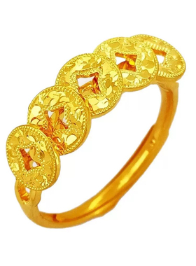 新品纯银999.9足银电镀黄金钱币款戒指女款个性五帝钱款戒指饰品