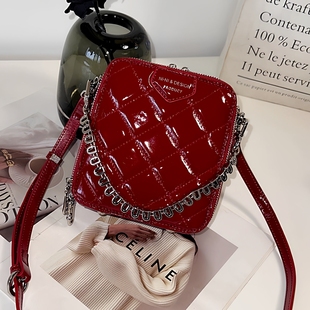 NAN D红色包包高级感菱格链条小方包牛皮手提包轻奢单肩斜挎包女