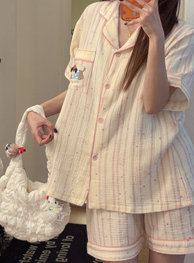 ins风刺绣小狗家居服短袖短裤两件套春秋夏季纯棉纱布卡通睡衣女