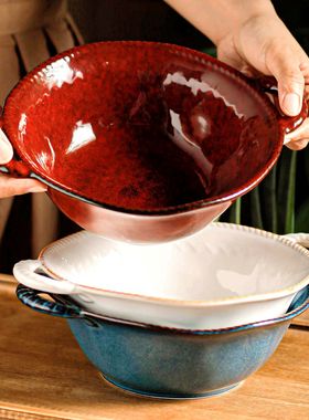 特别好看的双耳碗漂亮汤面碗沙拉碗面碗大号汤碗红色盘子陶瓷餐具