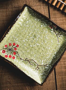 精致漂亮的盘子绿色陶瓷四方盘日式餐盘点心盘精致碟子餐具浅平盘