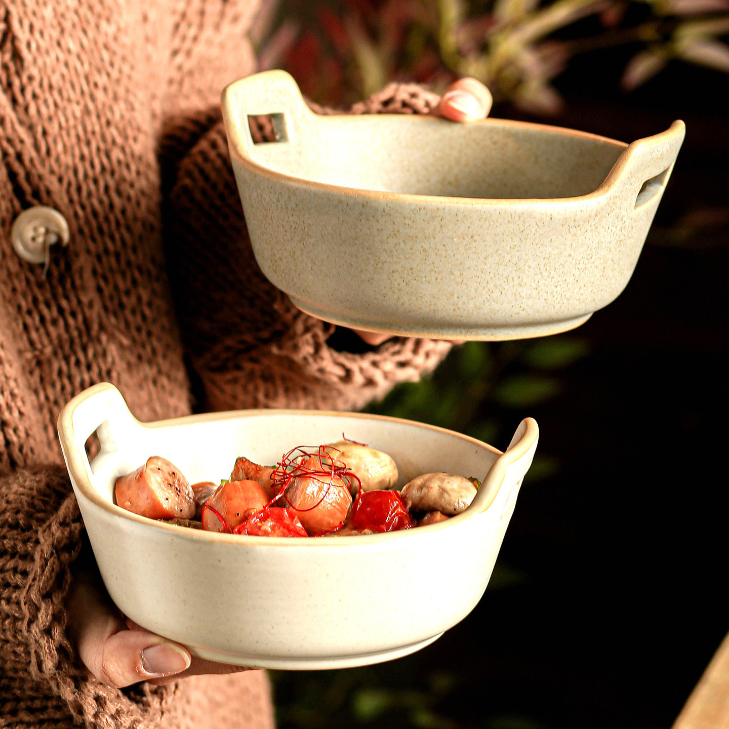 微波炉专用碗双耳烤碗高颜值沙拉碗空气炸锅烤盘日式盘子蒸盘圆形