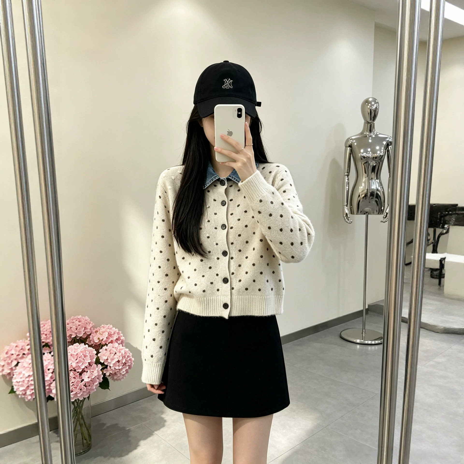 法式波点假两件牛仔拼接POLO领针织衫软糯减龄毛衣外套秋冬季新款