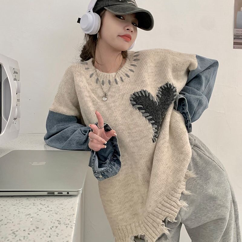 慵懒风爱心牛仔拼接毛衣女春秋冬小众设计感破洞宽松针织衫上衣服