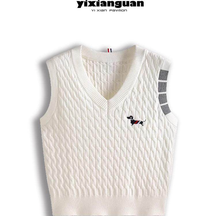 四条杠V领毛衣小狗刺绣无袖坎肩麻花毛衣针织马甲背心上衣