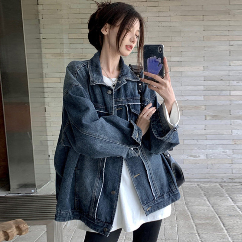 蓝色复古POLO领水洗牛仔外套女2024春秋季新款宽松韩版渐变色上衣