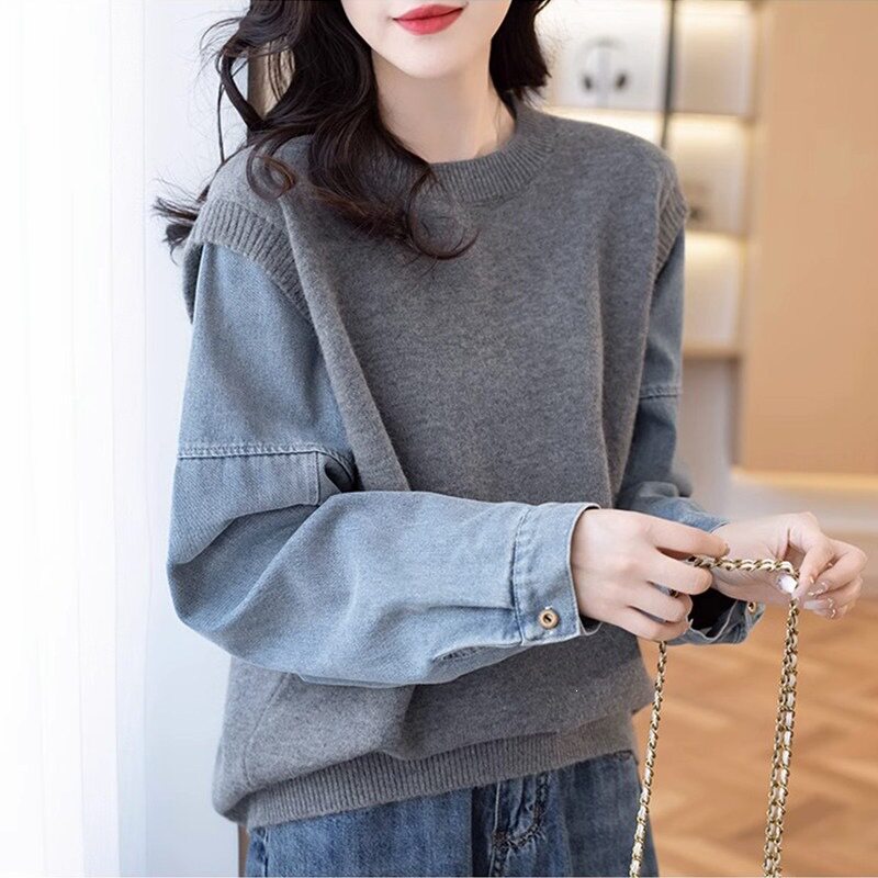 牛仔袖拼接假两件毛衣女2026新款爆款秋季穿搭宽松针织衫打底上衣
