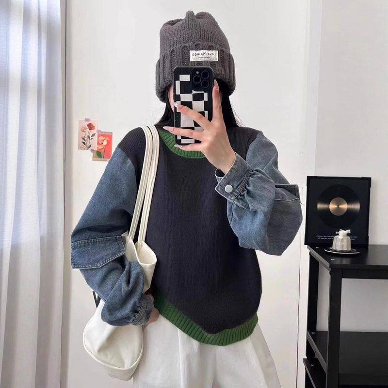 拼接牛仔设计感针织衫上衣2025秋冬新款宽松休闲撞色毛衣套头笙陇