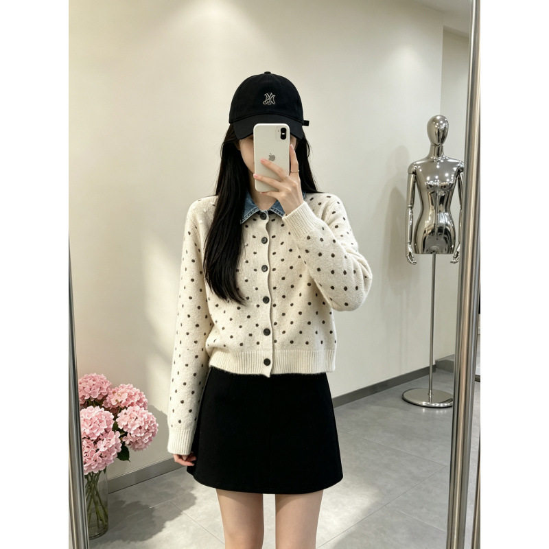 糖糖~法式波点假两件牛仔拼接POLO领针织衫软糯减龄毛衣外套秋冬