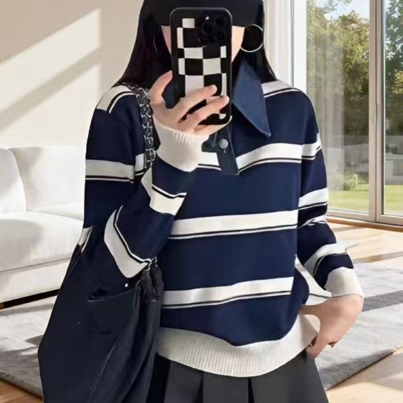 跨境韩系复古风撞色条纹翻领毛衣女秋冬新款松弛感针织衫牛仔上衣