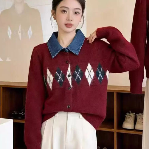 牛仔polo领毛衣开衫外套女秋冬现货小众不撞款上衣百塔针织衫