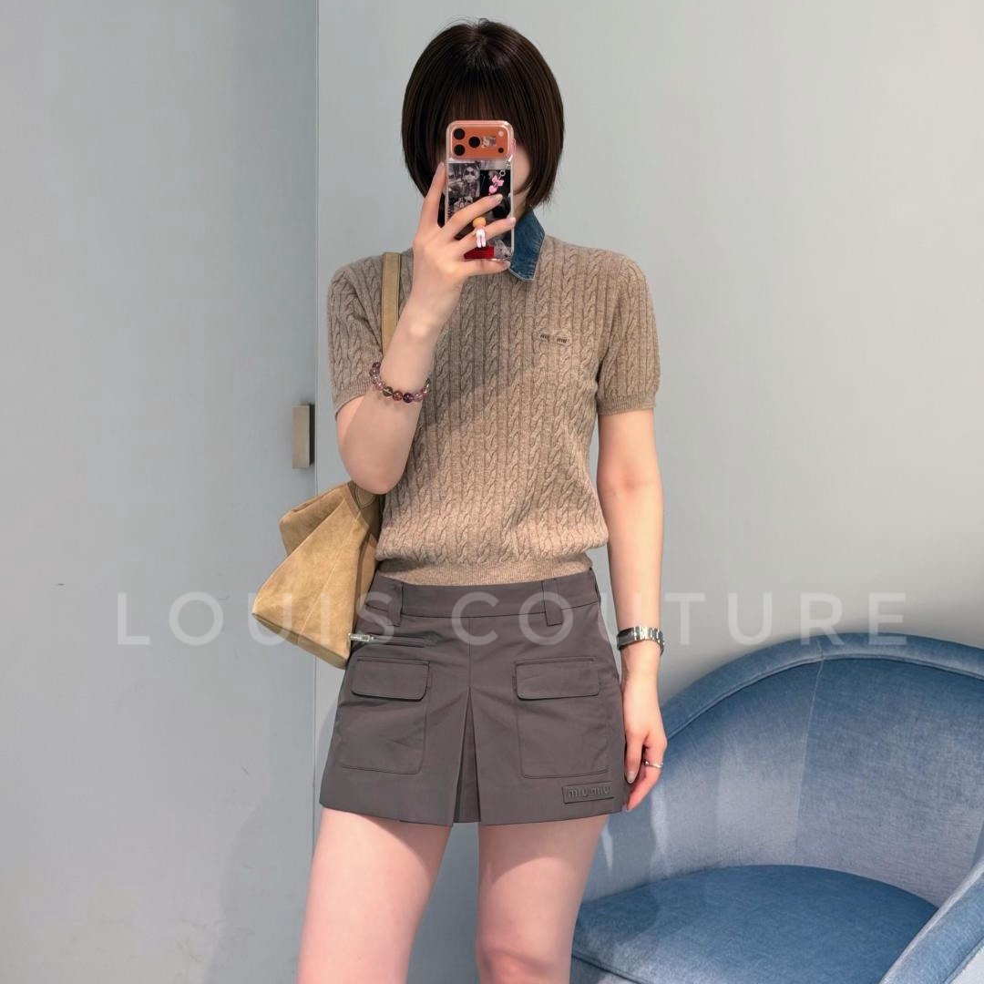 26早秋新品牛仔翻领假两件短袖麻花针织衫毛衣女