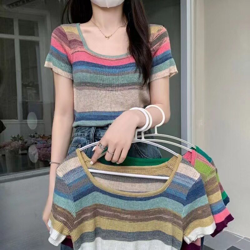 短款方领套头针织衫女夏季ins撞色条纹新款设计感甜美可爱上衣女
