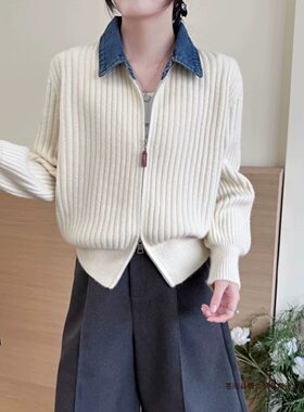 长袖针织衫女2026秋冬新款韩版宽松假两件牛仔翻领上衣毛衣外套潮