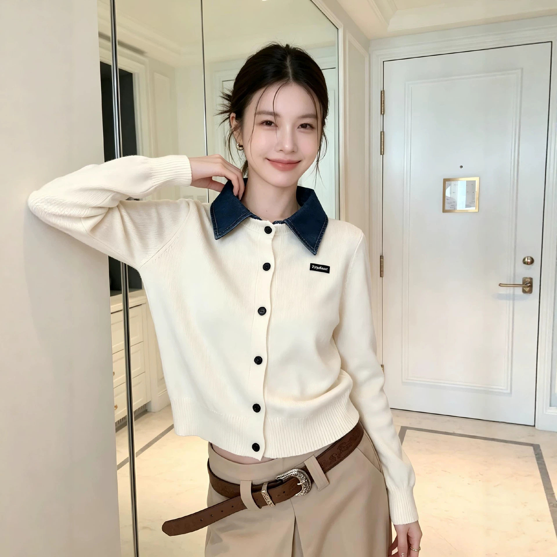 假两件牛仔拼接针织开衫女秋冬新款休闲风内搭打底衫毛衣外套上衣