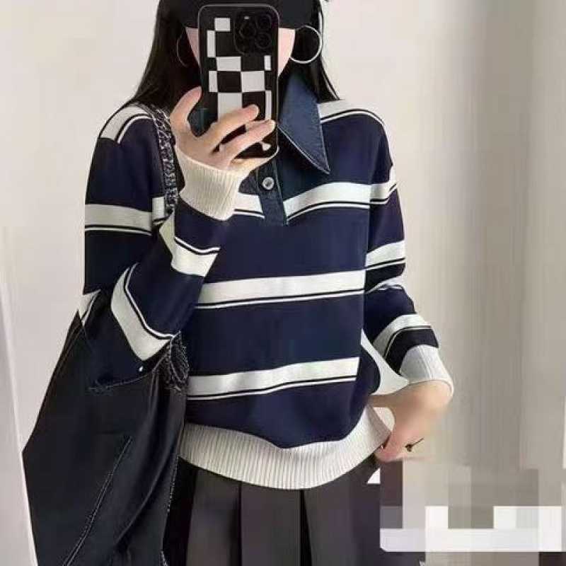 深蓝色牛仔拼接假两件polo领针织衫女2026秋冬新款外穿内搭毛衣