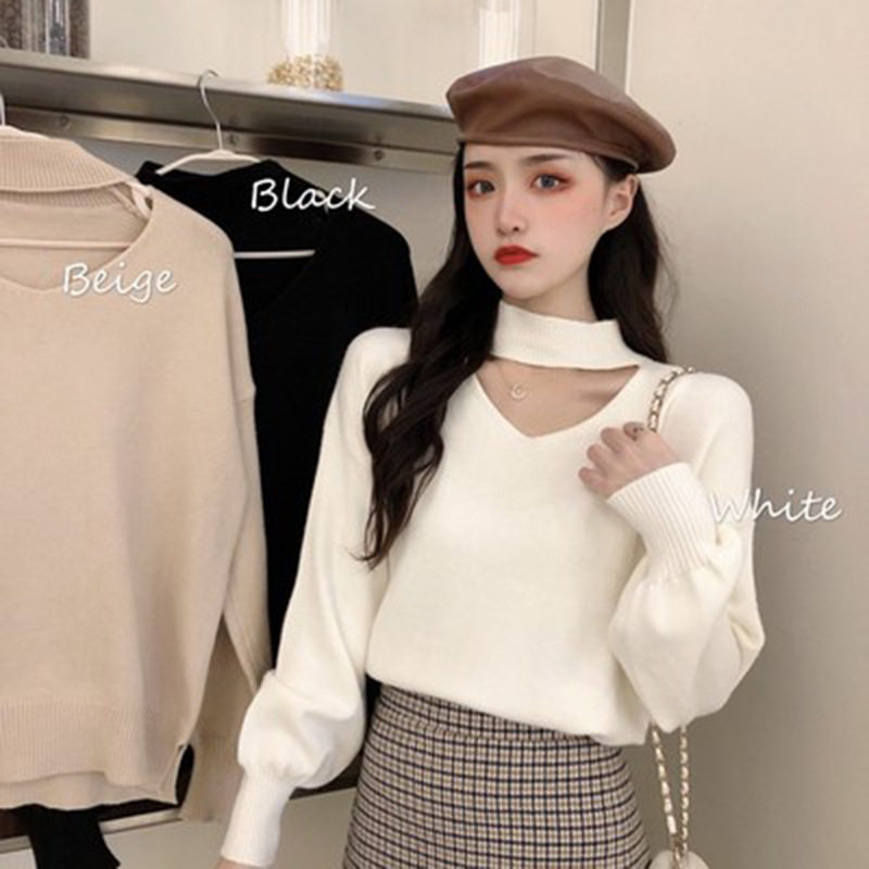 春款上衣女级感设计感小心机镂空半领纯色泡泡袖针织衫毛衣女