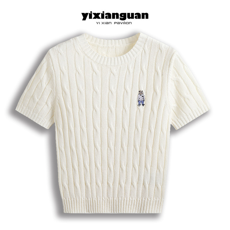 刺绣小熊麻花短袖针织衫夏季女圆领T恤学院风绞花修身打底上衣