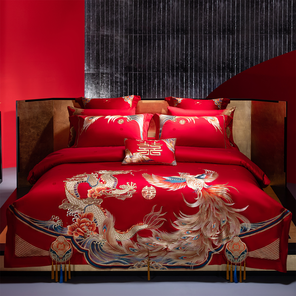 中式高档龙凤刺绣全棉婚庆四件套