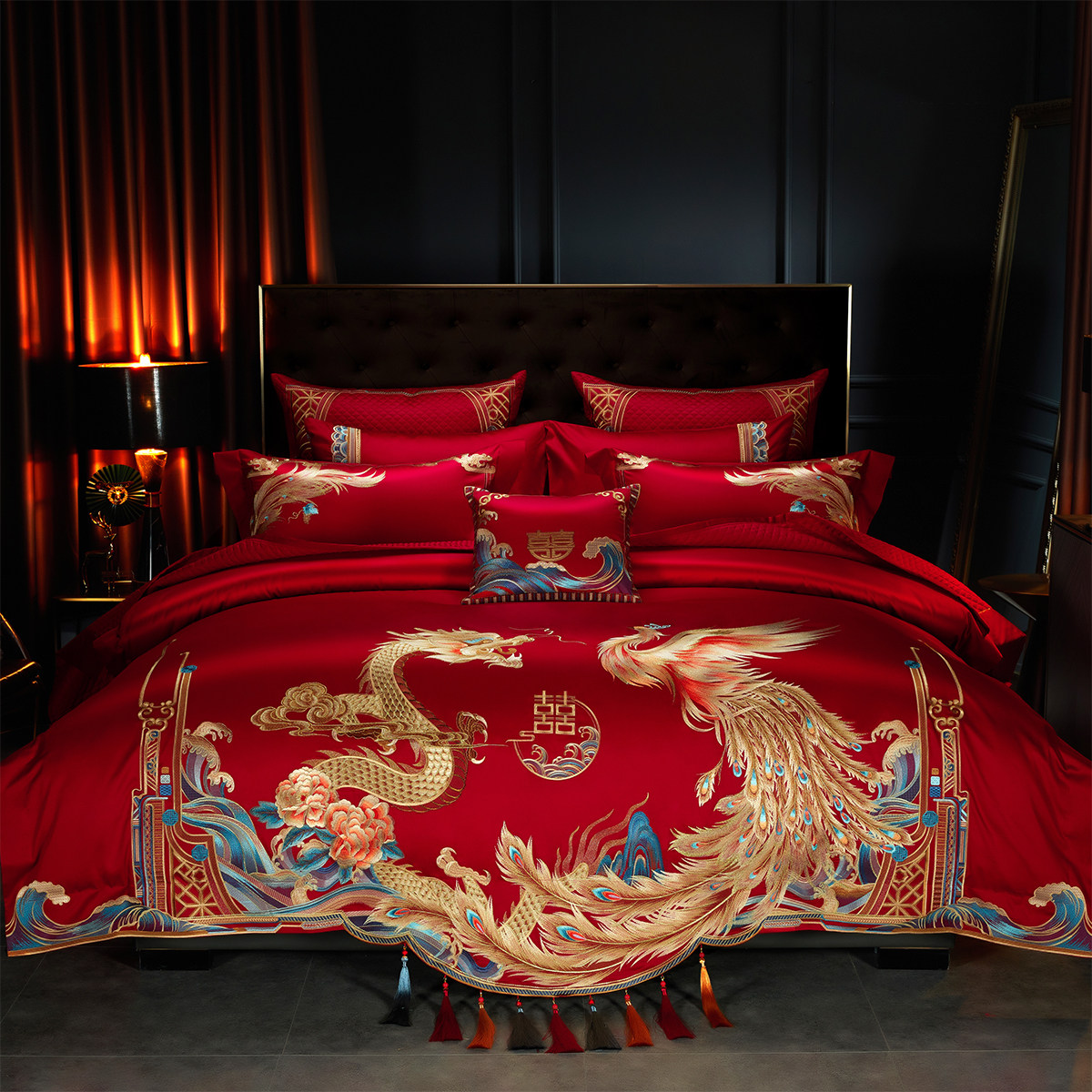 新中式结婚四件套140支纯棉龙凤刺绣被套大红色喜被婚庆床上用品
