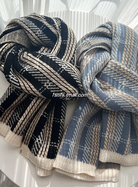 1sn 韩版复古格纹针织围巾女冬季毛线保暖加厚情侣男款围脖蓝色
