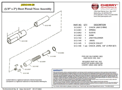 CHERRY AEROSPACE H513-04-20 Short Pintail Nose Assembly 1/8