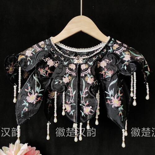 白色花精品珍珠领围明制云肩汉服刺绣百搭重工披肩绣花徽楚汉韵