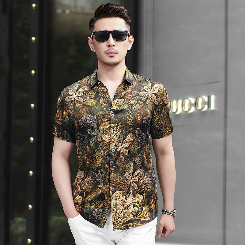 桑蚕丝短袖衬衫男装夏季薄款时尚潮流高级感印花真丝绸缎半袖
