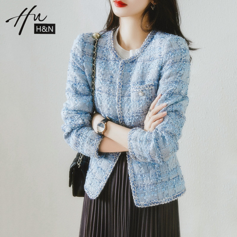 蓝色粗花呢小香风外套女春季新款气质名媛小个子高级感短款女上衣