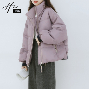 紫色羽绒服女2025年新款韩版宽松面包服白鸭绒短款小个子外套冬女