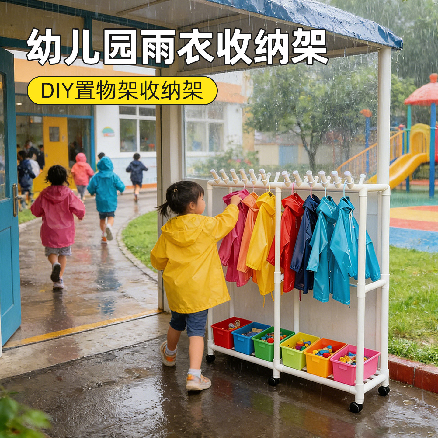 幼儿园雨衣收纳架晾衣架移动学校DIY雨鞋收纳架儿童衣服挂衣架子