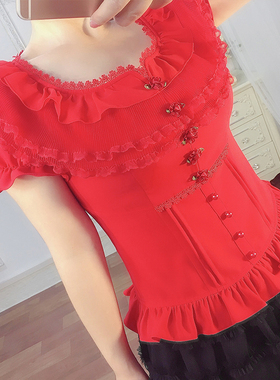 ing拉链纱网超火热的红色上衣女2025夏季新款甜美蕾丝茜可韩修身