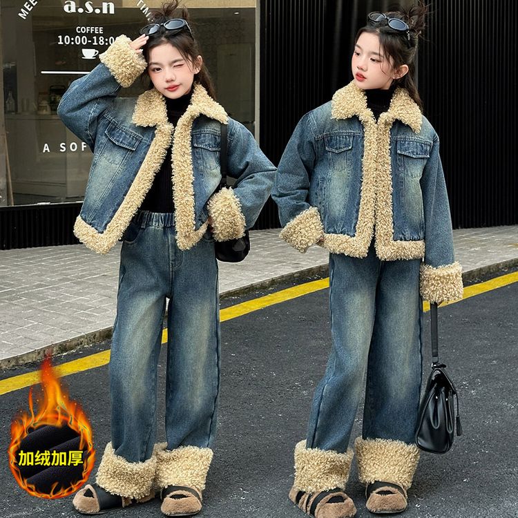 女童冬季加厚牛仔套装2025新款中大童加绒卷毛外套长裤两件套洋气