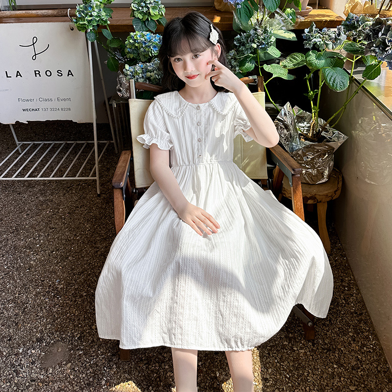 女童短袖连衣裙韩版夏季2025儿童纯色新款中大童洋气女孩公主裙子