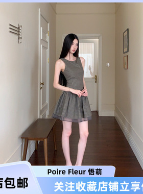 Poire Fleur清新灰咖色波点欧根纱夏短裙复古无袖蓬蓬裙女连衣裙