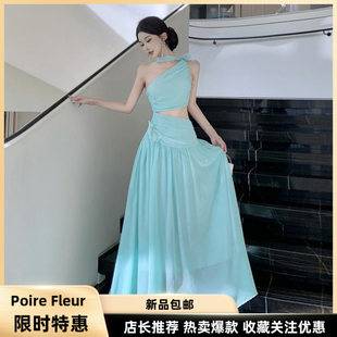 罗马假日 度假海边气质斜肩露背仙雪纺长裙连衣裙 Fleur Poire