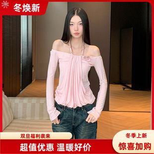 Poire 一字领显瘦辣妹上衣 Fluer粉色t恤女小众假两件挂脖花朵长袖