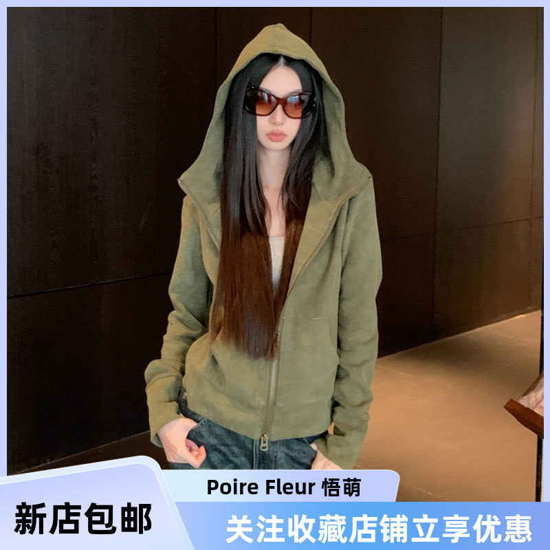 Poier Fleur卫衣女小众复古军绿色做旧长袖连帽修身显瘦休闲开衫