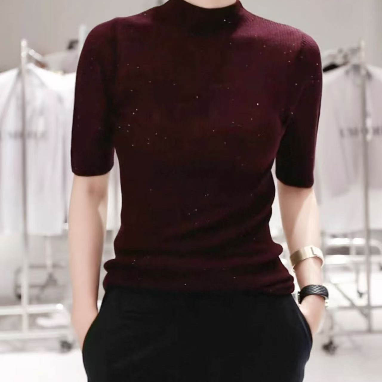 水溶羊毛五分袖修身内搭针织衫