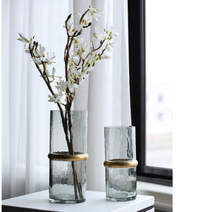 客厅茶几手工玻璃插花器 新品 冷灰色铜环直筒玻璃花瓶