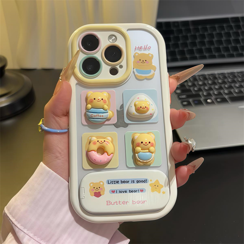 hello黄油熊四格适用苹果16promax手机壳iphone14新款镜面支架15pro奶油壳华为mate70荣耀vivox200小米15OPPO