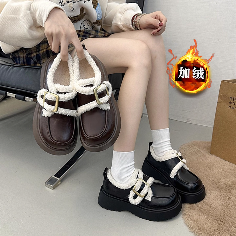 厚底加绒保暖英伦风小皮鞋女2025新款冬季豆豆鞋棉鞋雪地靴乐福鞋
