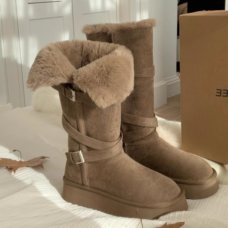 厚底高筒雪地靴女2025年冬季新款翻边加绒加厚保暖棉靴抗寒长筒靴