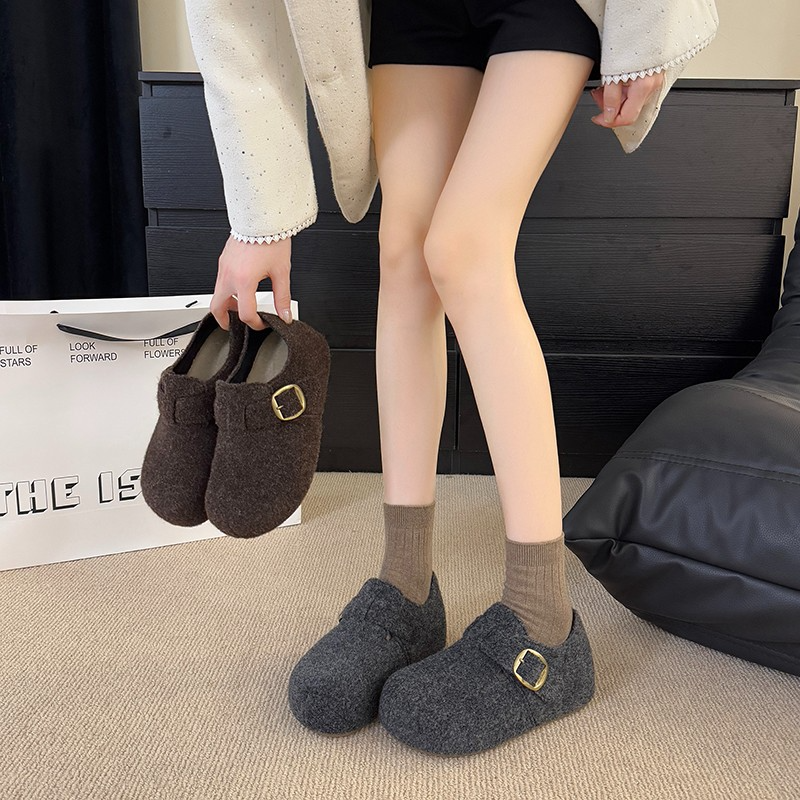 厚底增高灰色加绒勃肯鞋女2025秋冬新款毛呢鞋乐福鞋保暖博肯棉鞋