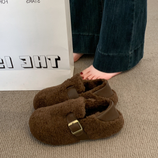 女2025新款 豆豆鞋 秋冬季 一脚蹬懒人毛毛鞋 加绒保暖棉鞋 厚底勃肯鞋