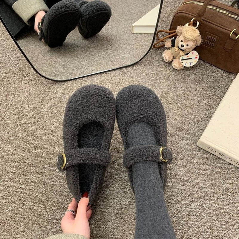 复古森系加绒毛毛单鞋女2025年秋冬新款法式一字玛丽珍鞋羊羔毛鞋