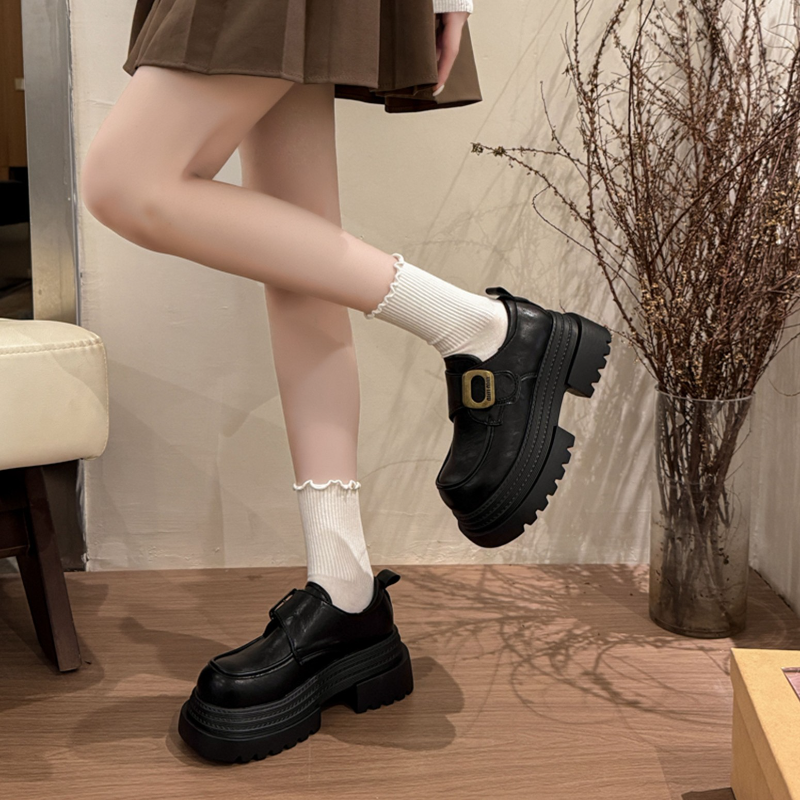 厚底增高英伦风小皮鞋女鞋2025新款秋季粗跟黑色单鞋乐福鞋
