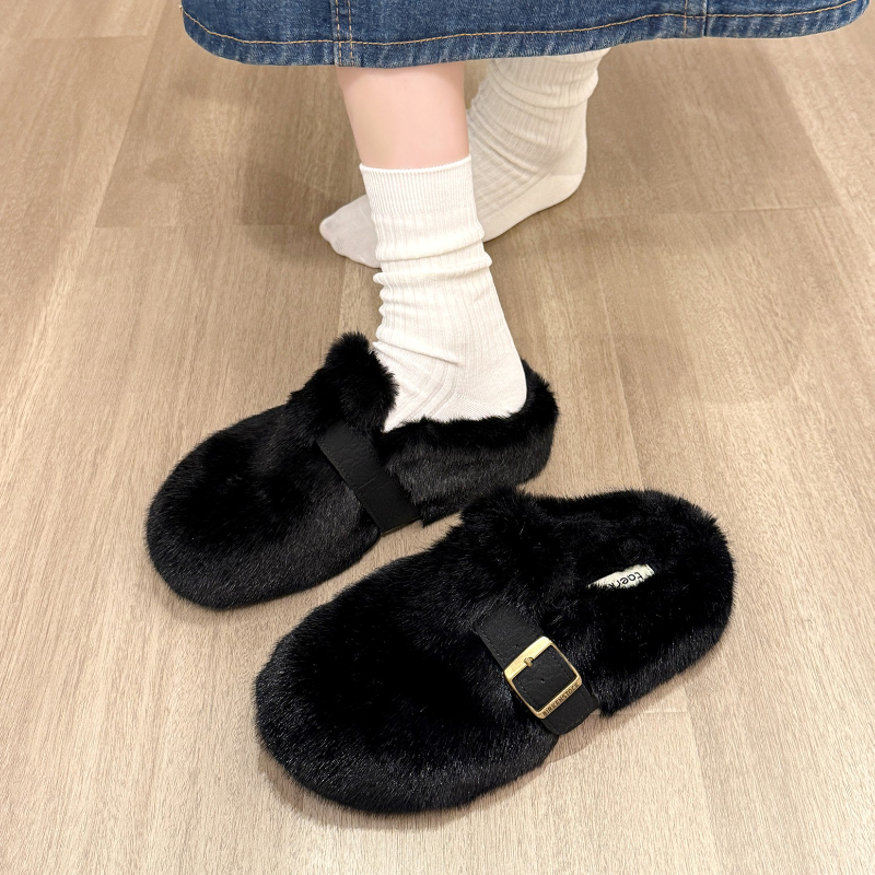 厚底加绒保暖毛毛拖鞋女外穿2025新款秋冬爆款居家毛绒一字棉拖鞋