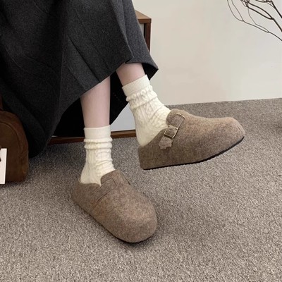 厚底毛呢勃肯包头半拖鞋女2025新款秋冬懒人毛毛拖外穿博肯穆勒鞋